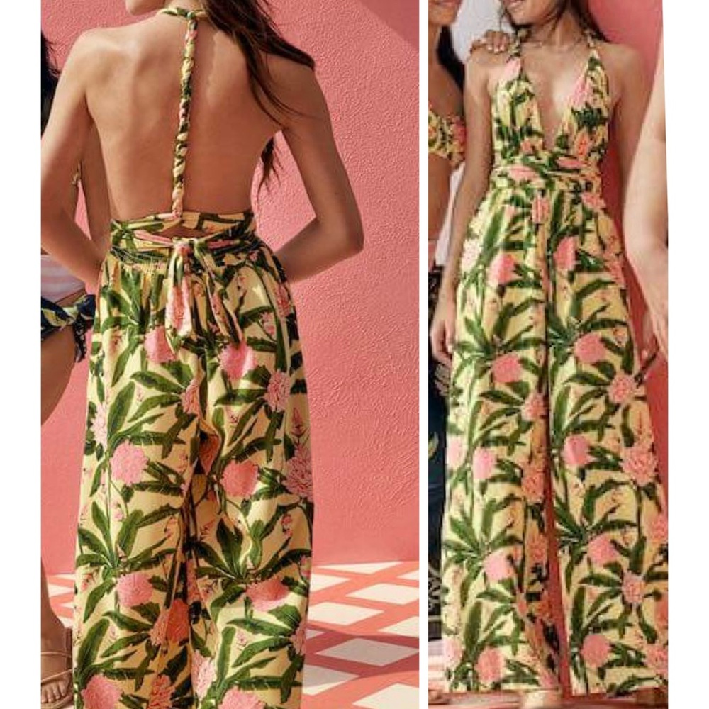 AGUA BENDITA Plunging Yellow Green & Pink Floral Jumpsuit w Multi-way Tie Straps